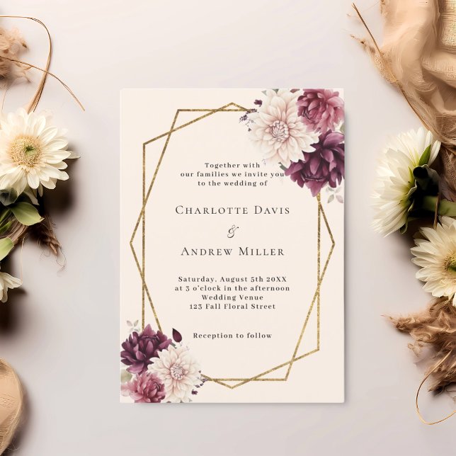 Beige burgundy ivory florals geometric wedding invitation (Creator Uploaded)