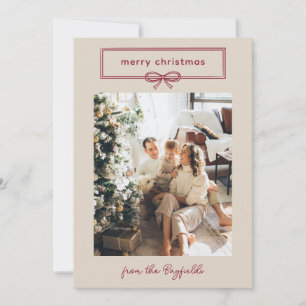 Beige & Burgundy Pretty Bow Photo Merry Christmas Holiday Card