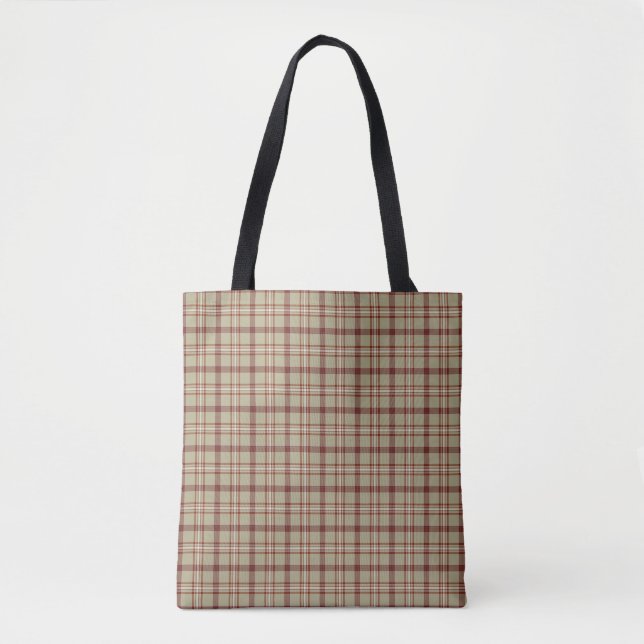 Beige Burgundy White Plaid Classic Tote Bag (Front)