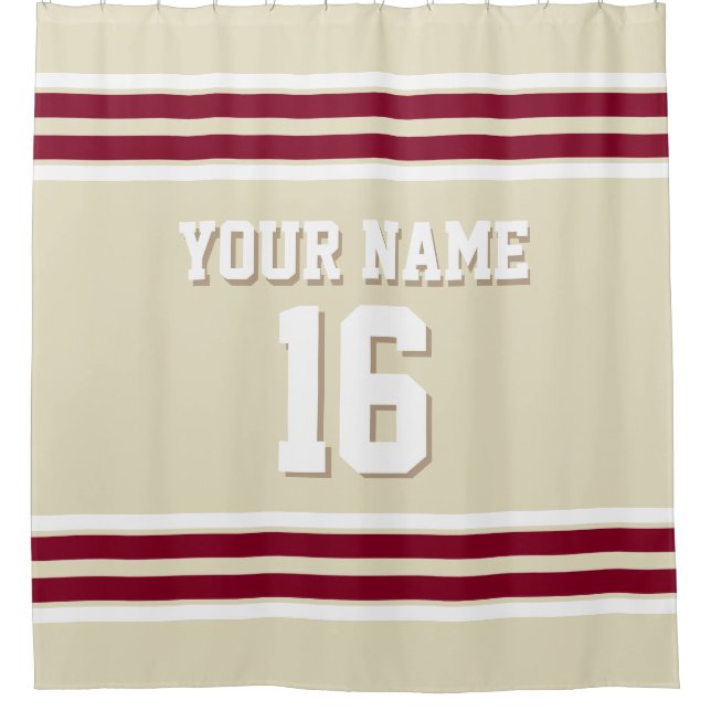 Beige Burgundy White Stripes Sports Jersey Shower Curtain (Front)