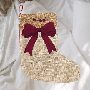Beige burlap burgundy bow name  small christmas stocking