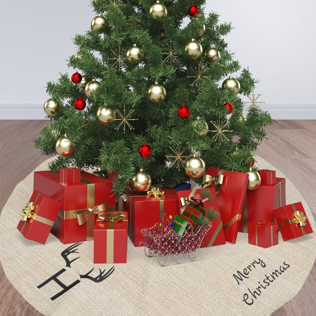Beige burlap family monogram antlers brushed polyester tree skirt (Creator Uploaded)