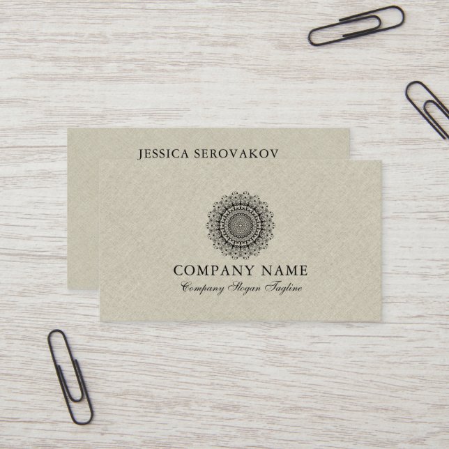 Beige Burlap Linen With Black Mandala Business Card (Front/Back In Situ)