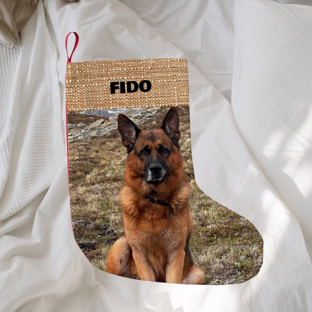 Beige burlap name photo modern small christmas stocking (Creator Uploaded)