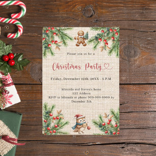 Beige burlap pine natural Christmas Party Invitation