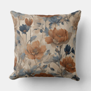 Beige Burnt Orange Dusty Navy Blue Floral Cushion