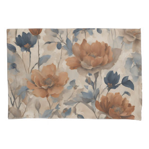 Beige Burnt Orange Dusty Navy Blue Floral Pillowcase