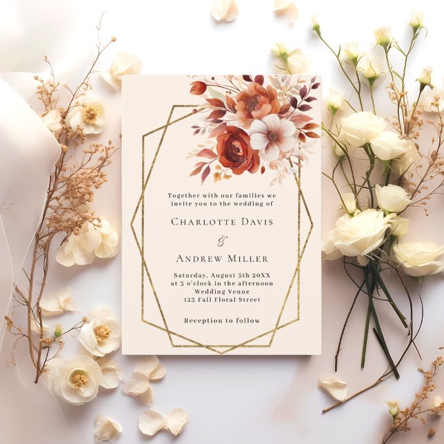 Beige burnt orange florals geometric wedding invitation (Creator Uploaded)