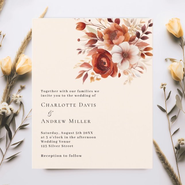 Beige burnt orange florals wedding invitation (Creator Uploaded)