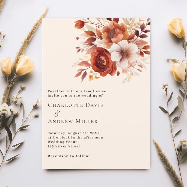 Beige burnt orange florals wedding invitation (Creator Uploaded)
