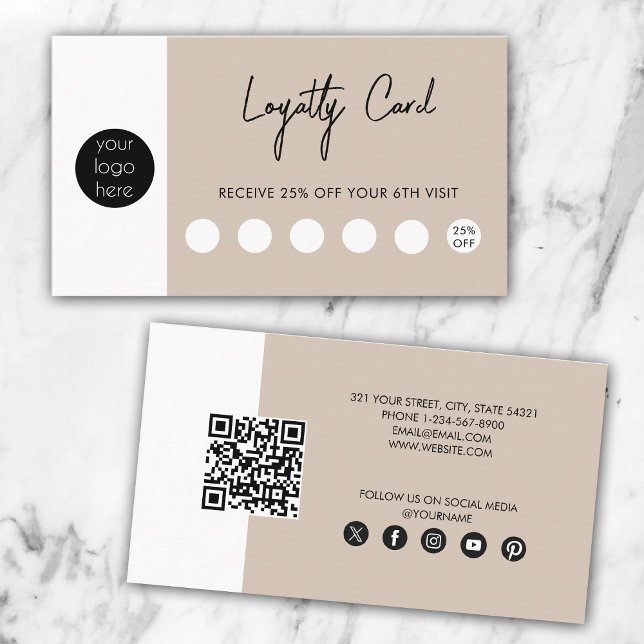 Beige Business Logo QR Code Loyalty  Card (Beige Business Logo QR Code Loyalty Business Card)