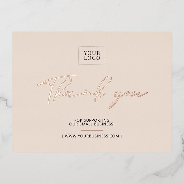 Beige Business Logo Thank you Package Insert Foil Invitation Postcard (Front)