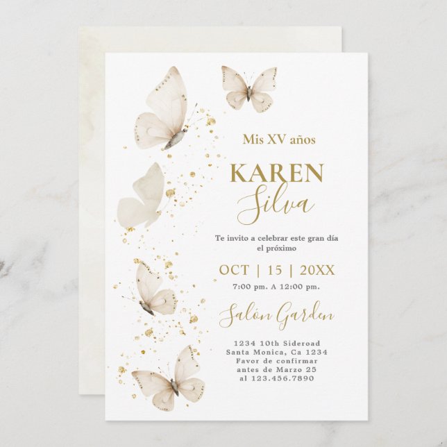 Beige Butterfly Quinceañera Invitation (Front/Back)