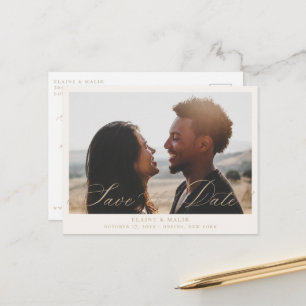 Beige Calligraphy Photo Save the Date Announcement Postcard