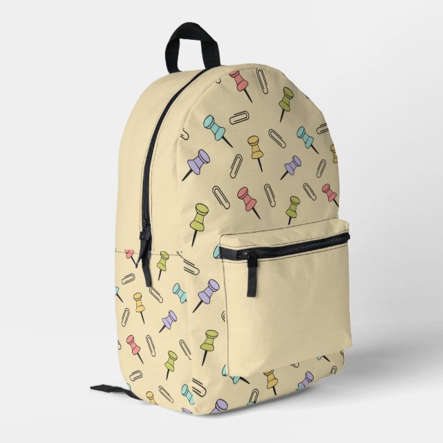 Beige Canvas with Push Pin & Paper Clip Print Printed Backpack (Back Corner Left)