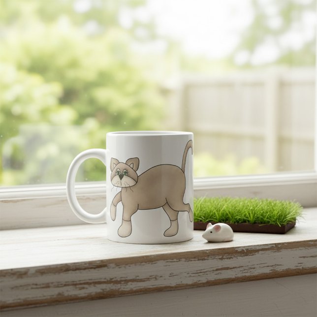 Beige Cat Drawing with Green Eyes Coffee Mug (Creator Uploaded)