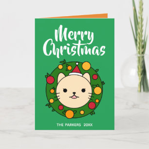 Beige Cat Wreath   Green Merry Christmas Photo Holiday Card