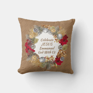 Beige CELEBRATE JESUS Christmas Wreath Cushion