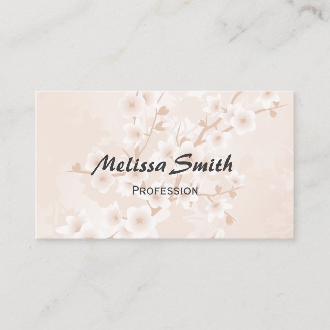 Beige Champagne Cherry Blossoms Business Card (Front)