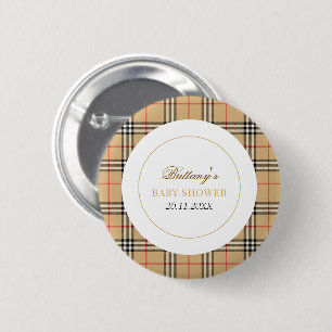 Beige Check Designer Plaid Baby Shower 6 Cm Round Badge