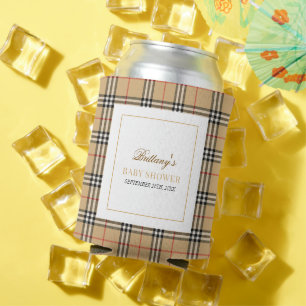 Beige Check Designer Plaid Baby Shower  Can Cooler