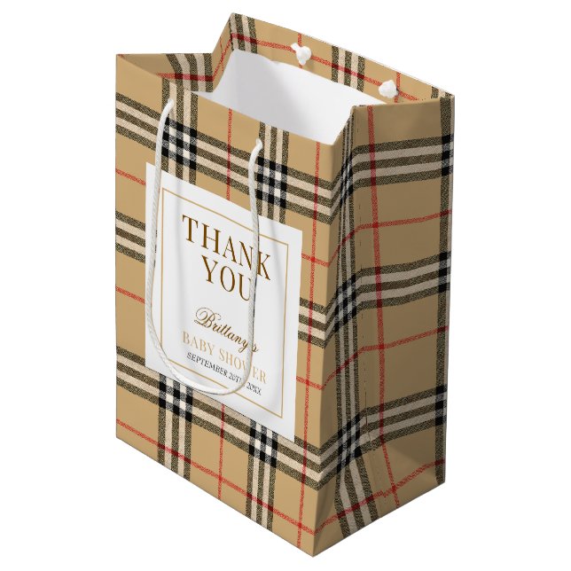 Beige Check Plaid Baby Shower  Medium Gift Bag (Front Angled)
