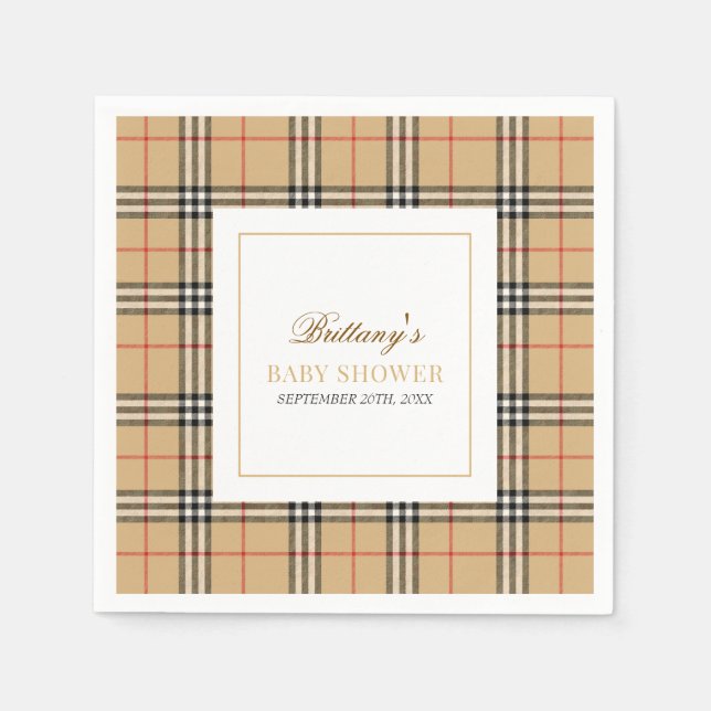 Beige Check Plaid Baby Shower  Napkin (Front)
