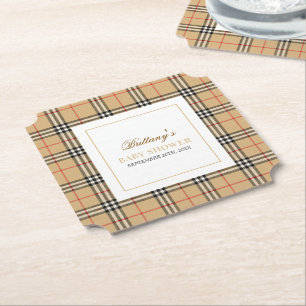 Beige Check Plaid Baby Shower  Paper Coaster