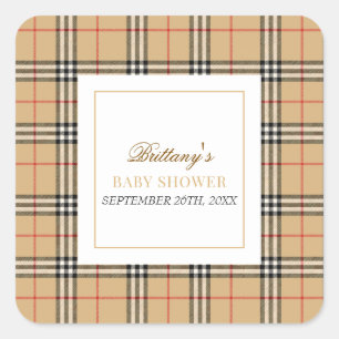 Beige Check Plaid Baby Shower Square Sticker