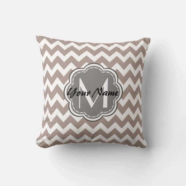 Beige Chevron, Grey Monogram, Personalised Name Cushion (Front)