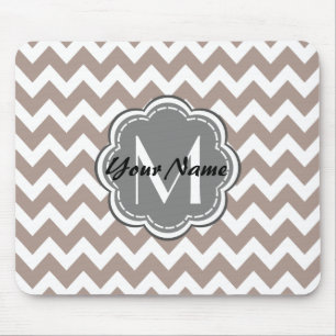 Beige Chevron, Grey Monogram, Personalised Name Mouse Pad