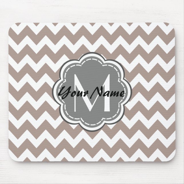 Beige Chevron, Grey Monogram, Personalised Name Mouse Pad (Front)