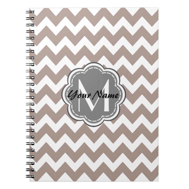 Beige Chevron, Grey Monogram, Personalised Name Notebook (Front)