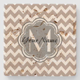 Beige Chevron, Grey Monogram, Personalised Name Stone Coaster