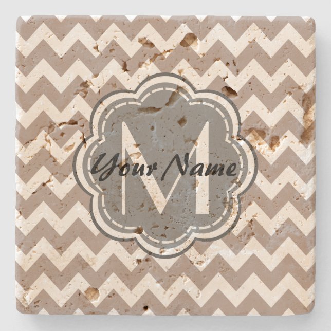 Beige Chevron, Grey Monogram, Personalised Name Stone Coaster (Front)