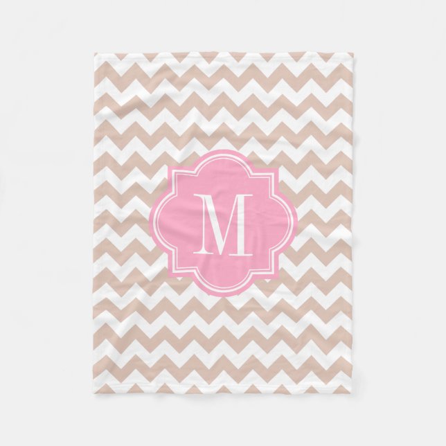 Beige Chevron with Pink Monogram Fleece Blanket (Front)