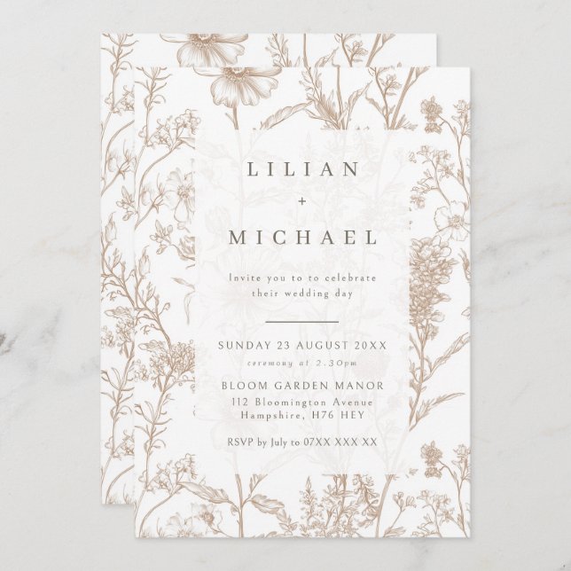 Beige Chinoiserie Wildflower Wedding Invitation (Front/Back)