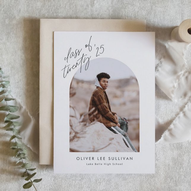 Beige Class of 2025 Arch Photo Graduation Announcement (Customizable boho photo graduation announcement featuring arch photo overlay)