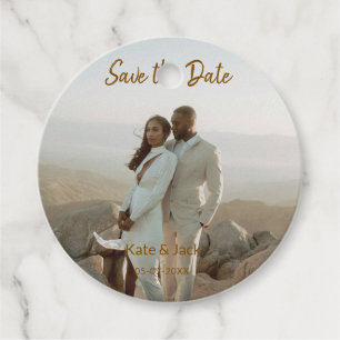BEIGE CLASSIC ELEGANT COUPLE ADD QR SAVE THE DATE FAVOUR TAGS