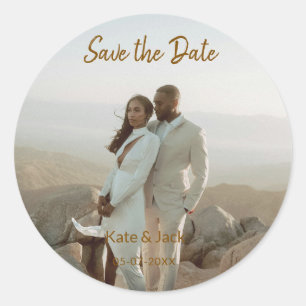 BEIGE CLASSIC ELEGANT COUPLE ADD QR SAVE THE DATE ROUND STICKER