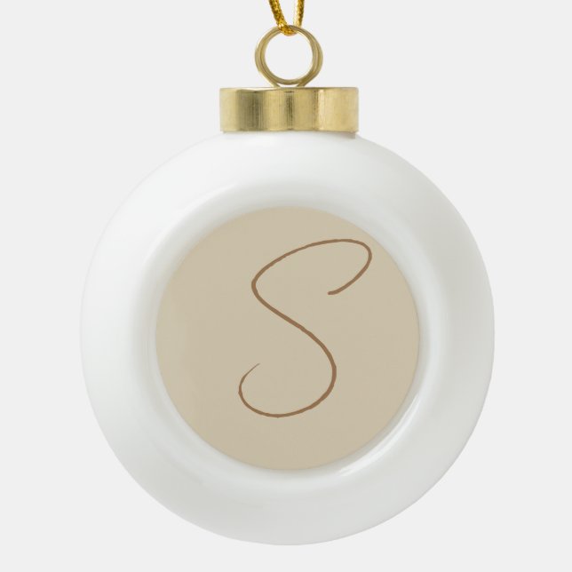 Beige Classical Handwritten Initial Monogram Ceramic Ball Christmas Ornament (Front)