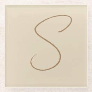 Beige Classical Handwritten Initial Monogram Glass Coaster
