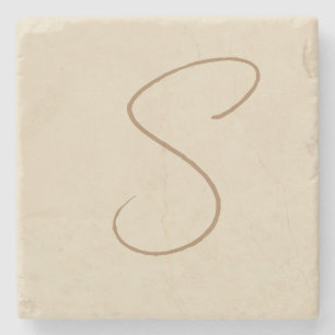 Beige Classical Handwritten Initial Monogram Stone Coaster
