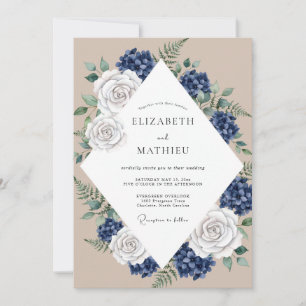 Beige Cobalt Hydrangea Eucalyptus Wedding Invitation