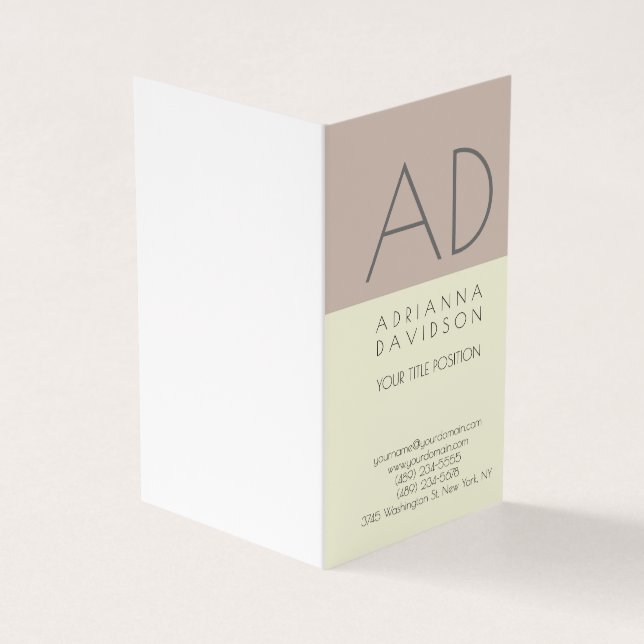 Beige Colour Trendy Vertical Monogram Minimalist Business Card (Outside)