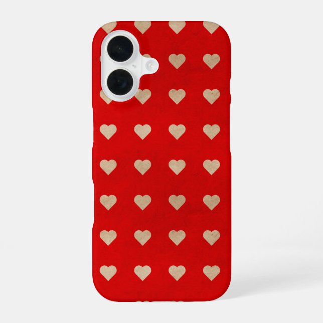 Beige coloured hearts on a red background iPhone 16 case (Back)