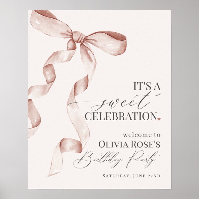 Beige Coquette Bow Birthday Party Welcome Sign (Front)