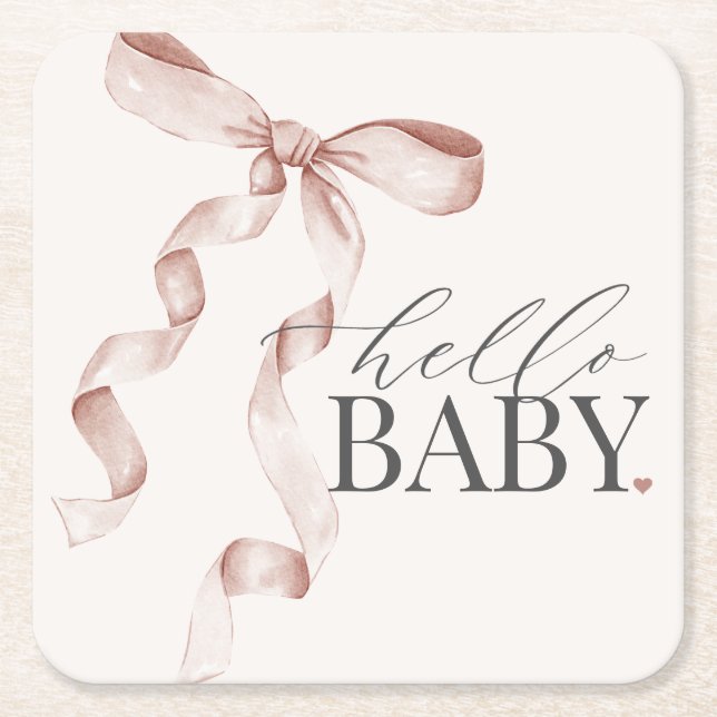 Beige Coquette Bow Girl Baby Shower Decor Square Paper Coaster (Front)