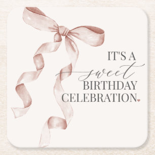 Beige Coquette Bow Girl Birthday Party Decor Square Paper Coaster