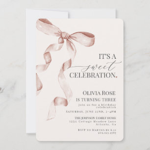 Beige Coquette Bow Girl Birthday Party Invitation